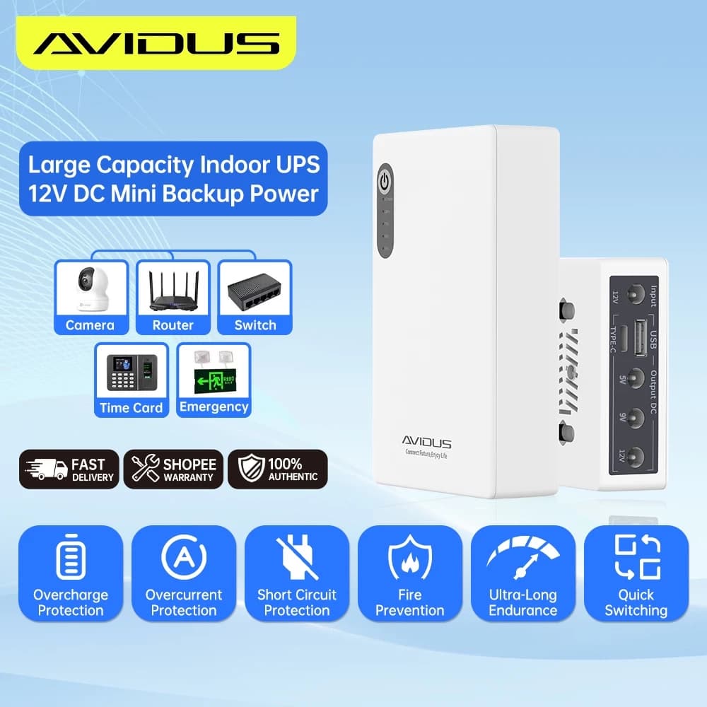 AVIDUS S200 20000mAh 2A Large Capacity Mini UPS Backup Power Supply 5V 9V 12V Voltage Adaptation Output For indoor CCTV Camera Wifi Router